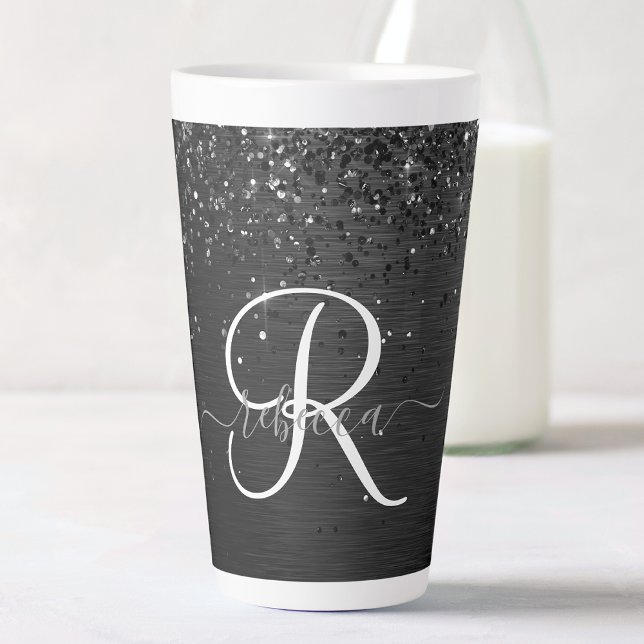 Custom Black Glitter Sparkle Monogram Latte Mug (Creator Uploaded)