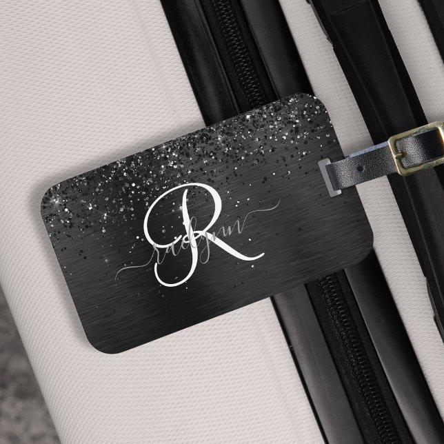 Custom Black Glitter Sparkle Monogram Luggage Tag (Creator Uploaded)