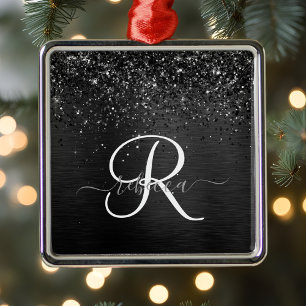 Custom Black Glitter Sparkle Monogram Metal Ornament