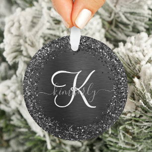Custom Black Glitter Sparkle Monogram Ornament