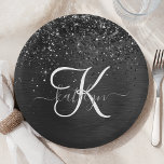 Custom Black Glitter Sparkle Monogram Paper Plate<br><div class="desc">Easily personalise this trendy elegant paper plate design featuring pretty black sparkling glitter on a black brushed metallic background.</div>