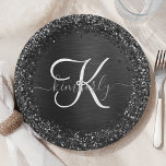 Custom Black Glitter Sparkle Monogram Paper Plate<br><div class="desc">Easily personalise this trendy elegant paper plate design featuring pretty black sparkling glitter on a black brushed metallic background.</div>