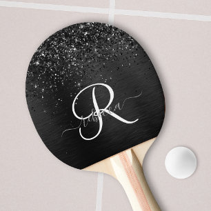 Custom Black Glitter Sparkle Monogram Ping Pong Paddle