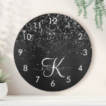 Custom Black Glitter Sparkle Monogram Round Clock<br><div class="desc">Easily personalise this trendy elegant round clock design featuring pretty black sparkling glitter on a black brushed metallic background.</div>