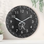 Custom Black Glitter Sparkle Monogram Round Clock<br><div class="desc">Easily personalize this trendy elegant clock design featuring pretty black sparkling glitter on a black brushed metallic background.</div>