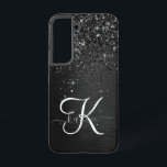 Custom Black Glitter Sparkle Monogram Samsung Galaxy Case<br><div class="desc">Easily personalise this trendy elegant phone case design featuring pretty black sparkling glitter on a black brushed metallic background.</div>