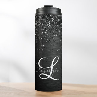 Custom Black Glitter Sparkle Monogram Thermal Tumbler