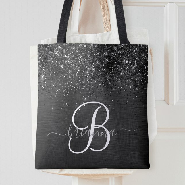 Custom Black Glitter Sparkle Monogram Tote Bag (Creator Uploaded)
