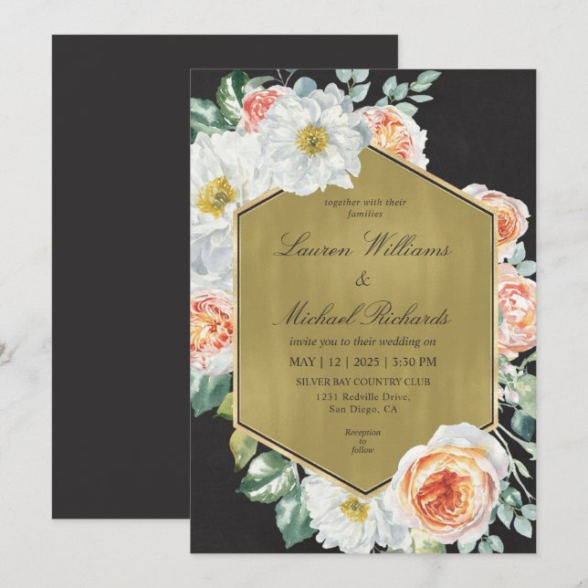 Custom Black Gold and Roses Peach Wedding Invitation (Front/Back)