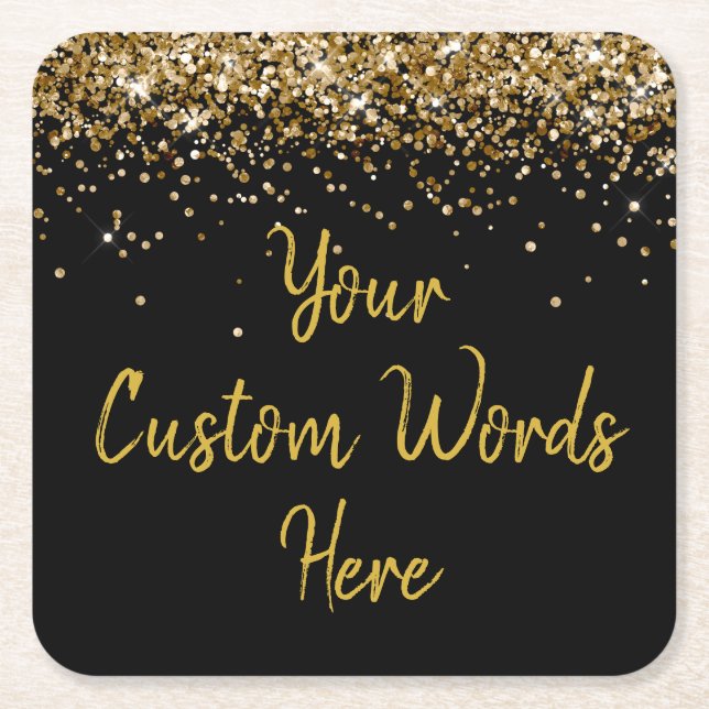 Custom Black & Gold Birthday Party Favour Glitter  Square Paper Coaster (Front)