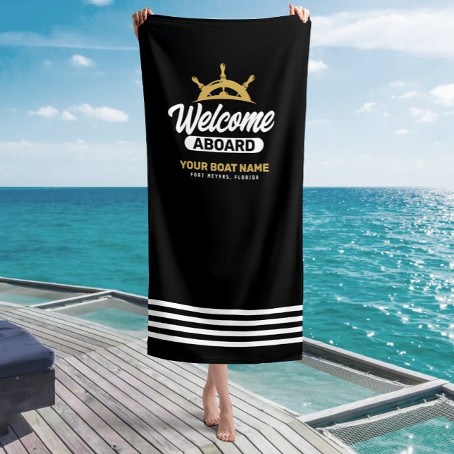  Custom Black & Gold Boat Name Welcome Aboard Beach Towel (Creator Uploaded)