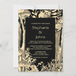 Custom Black Gold Brown Mushrooms Woodland Wedding Invitation