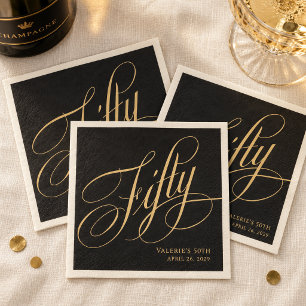 Custom Black Gold Calligraphy Script 50th Birthday Napkin