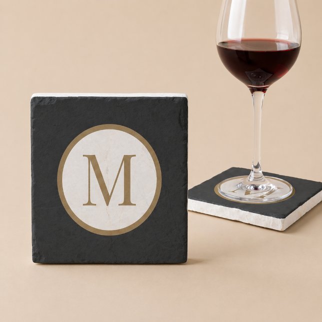 Custom Black & Gold Center Seal Monogram Stone Coaster (Creator Uploaded)