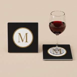 Custom Black & Gold Centre Seal Monogram Glass Coaster
