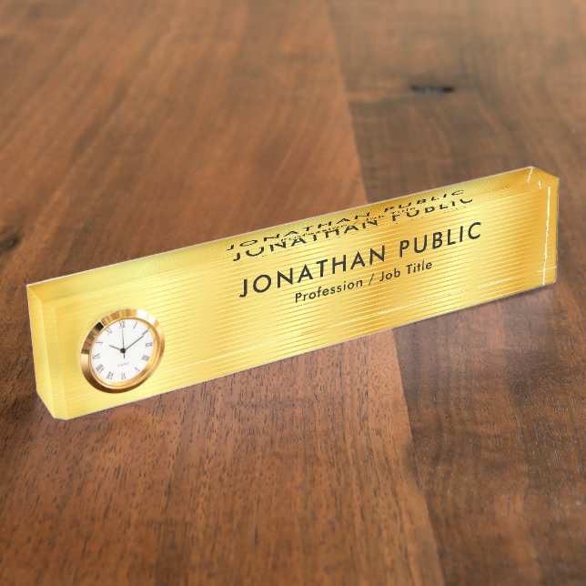 Custom Black Gold Elegant Modern Template Clock Nameplate (Side)