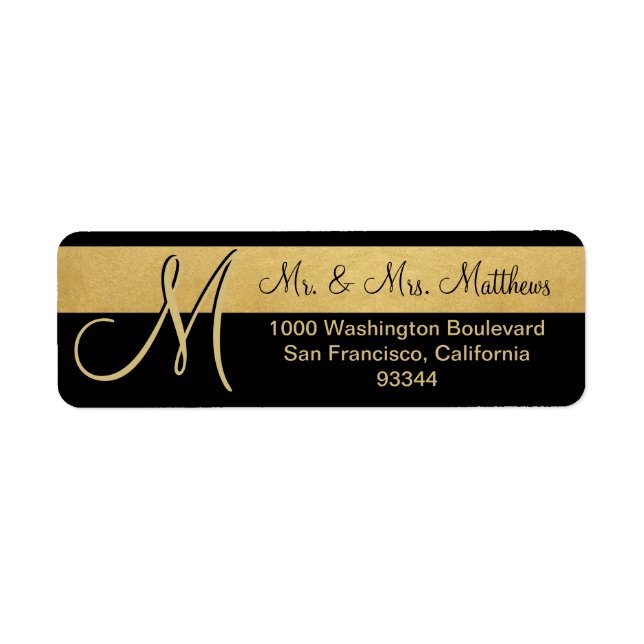 Custom Black Gold Foil Monogram Letter Return Address Label (Front)