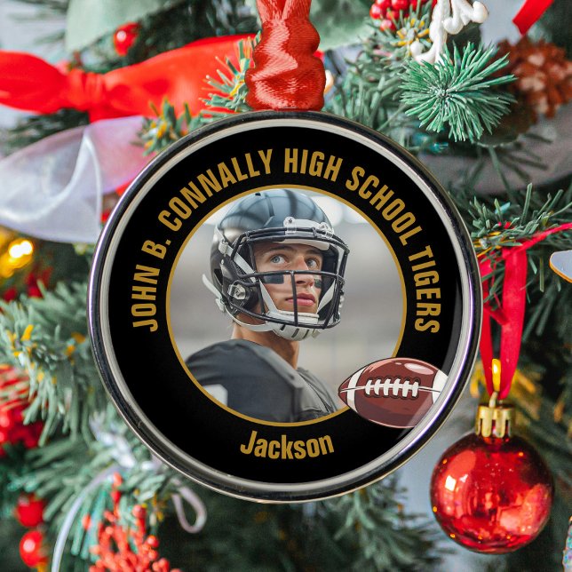 Custom Black Gold Football Player Photo Christmas Metal Ornament (Creator Uploaded)