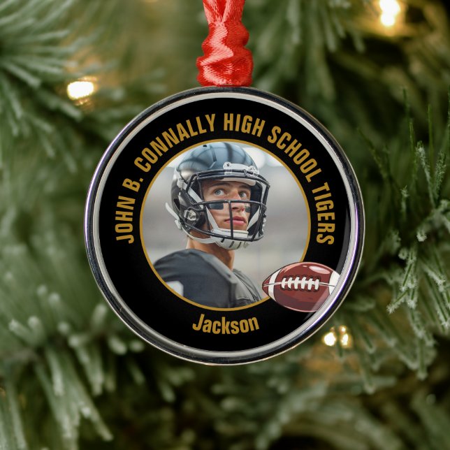 Custom Black Gold Football Player Photo Christmas Metal Ornament (Tree)