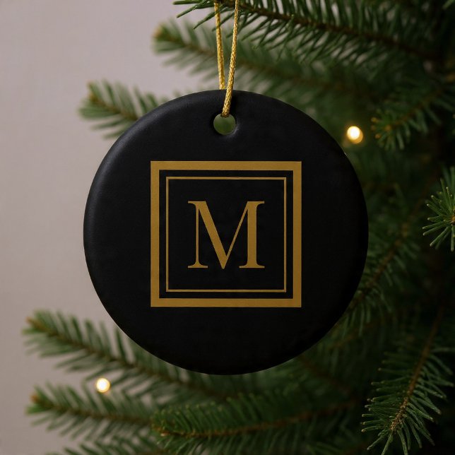 Custom Black & Gold Framed Monogram Ceramic Ornament (Creator Uploaded)