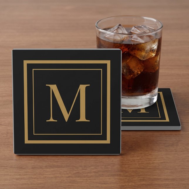 Custom Black & Gold Framed Monogram Glass Coaster (Creator Uploaded)