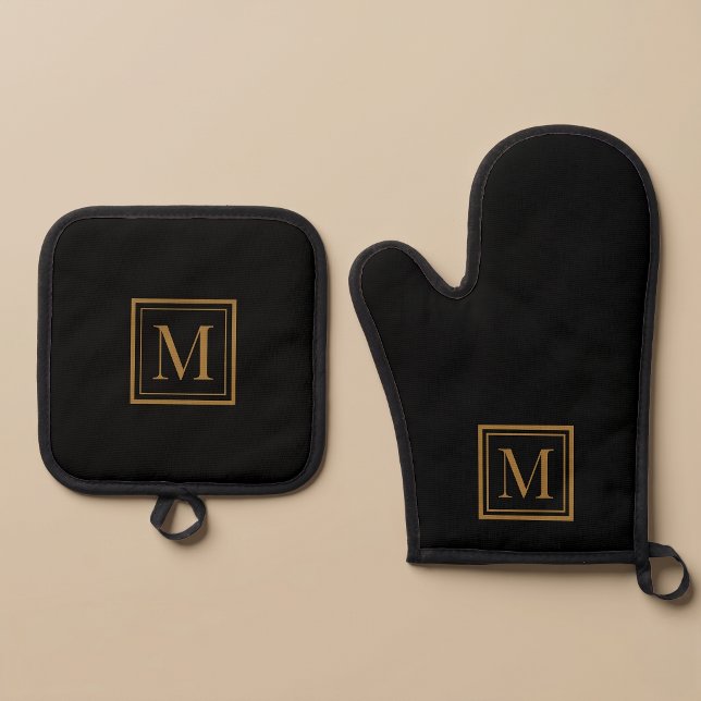 Custom Black & Gold Framed Monogram Oven Mitt & Pot Holder Set (Creator Uploaded)