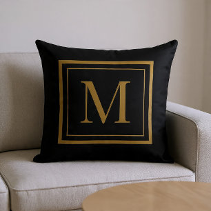 Custom Black & Gold Framed Monogram Throw Pillow