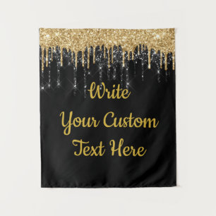 Custom Black Gold Glitter Birthday Booth Backdrop Tapestry