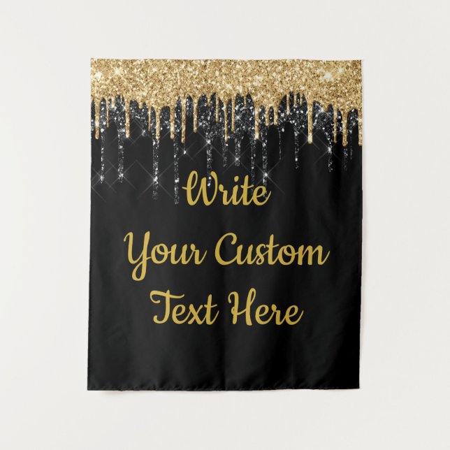 Custom Black Gold Glitter Birthday Booth Backdrop Tapestry (Front)