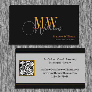 Custom Black, Gold, Grey & QR Code, Monogram Business Card
