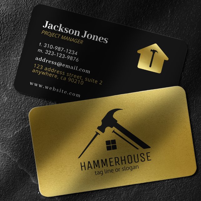 Custom Black + Gold Home Construction Hammer Nail Business Card (Creator Uploaded)