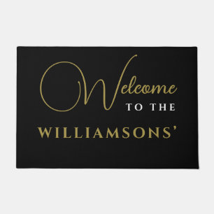 Custom Black Gold Minimalist Welcome Name Elegant Doormat