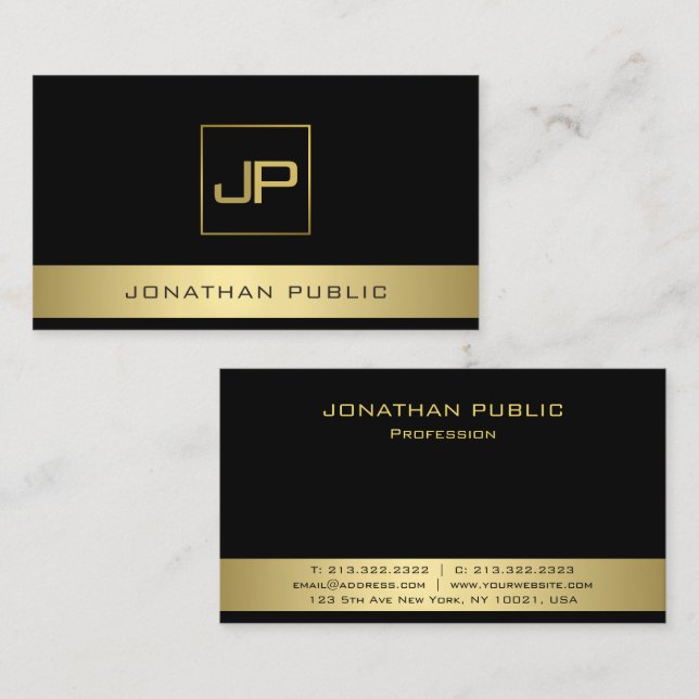 Custom Black Gold Modern Monogram Elegant Template Business Card (Front/Back)