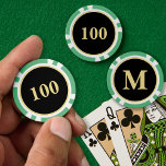 Custom Black Gold Monogram 100 Tournament Game Poker Chips<br><div class="desc">Create your own custom, personalised, 100 denomination, modern faux gold monogram on black background, monogrammed christmas green poker chips, in 9 vibrant colours, and featuring textured surface for easy stacking. Simply type in your initials / monogram, to customise. You may even change the denomination from 100 to one of your...</div>