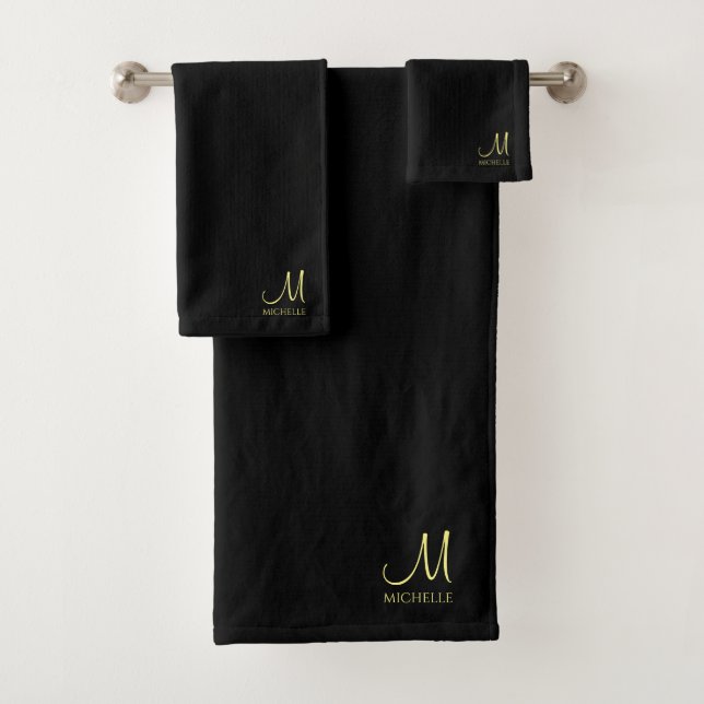 Custom Black & Gold Name Hand Script Monogram Bath Towel Set (Insitu)