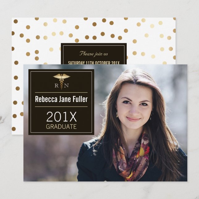 Custom Black & Gold Nursing Graduate Photo Invitation (Front/Back)