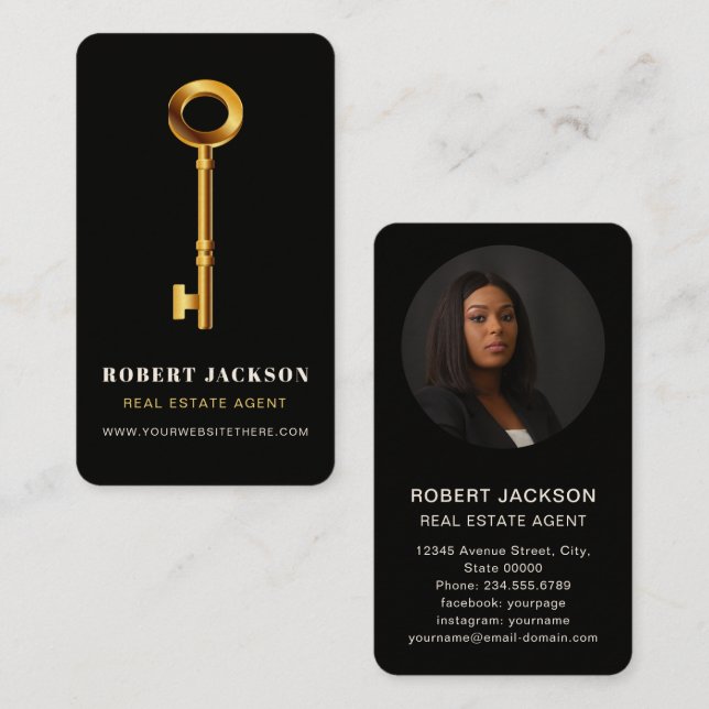 Custom Black + Golden key Realtors Luxury Modern  Business Card (Front/Back)