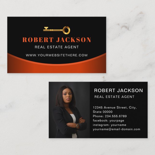 Custom Black + Golden key Realtors Luxury Photo Business Card (Front/Back)
