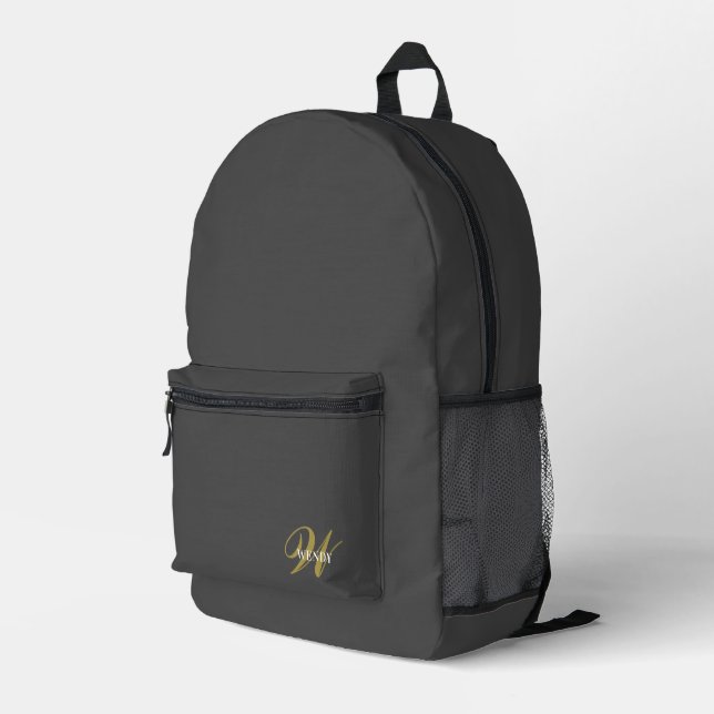 Custom Black Gray Initial Monogram Boy Fitness Gym Printed Backpack (Back Corner Right)