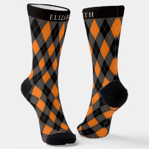 Custom Black Grey Orange Argyle Pattern Socks