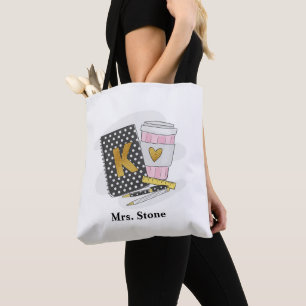 Custom Black Kindergarten Teacher Appreciation Tote Bag
