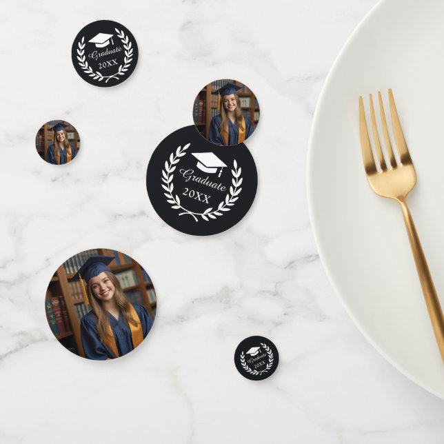 Custom Black Laurel Wreath Emblem Graduation Photo Confetti (Group)
