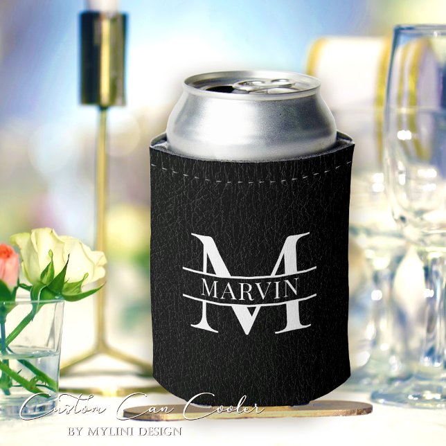 Custom Black Leather Print Monogram Groomsmen Can Cooler (Creator Uploaded)