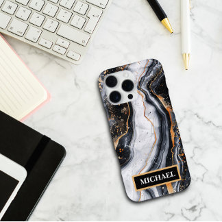 Custom Black Marble Gold Print Trendy Personalised iPhone 16 Pro Max Case