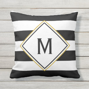 Custom Black Monogram with Black and White Stripes Cushion