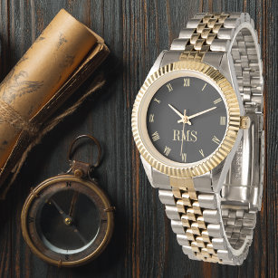 Custom Black Monogrammed Gold Silver Tone Bracelet Watch