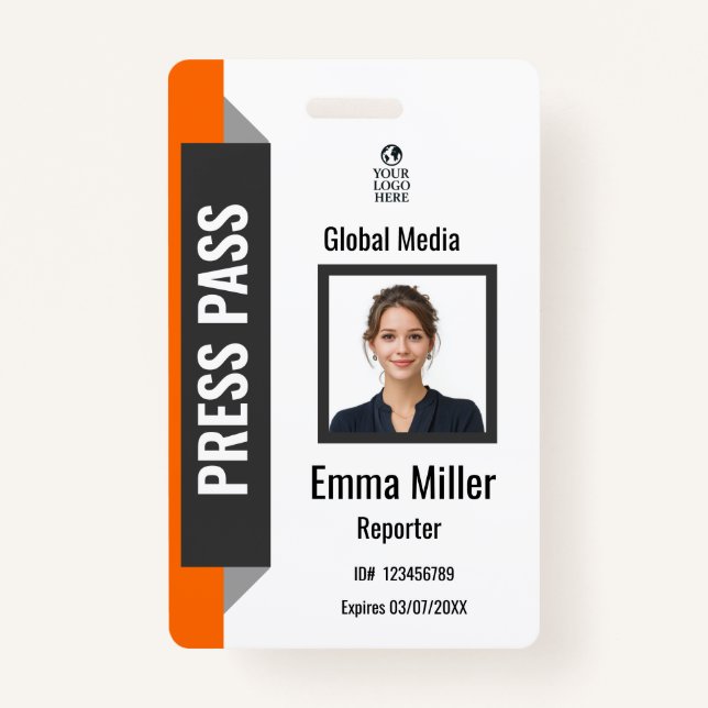 Custom Black & Orange Media Pass | Press ID  Badge ID Badge (Front)