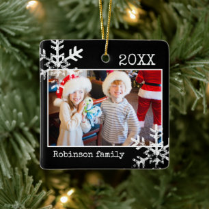 Custom Black Photo Ornament with Snowflakes