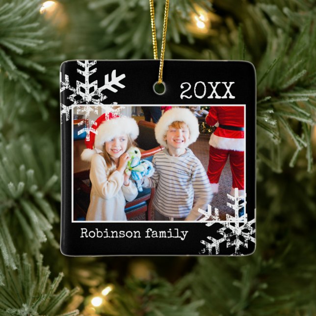 Custom Black Photo Ornament with Snowflakes (Tree)