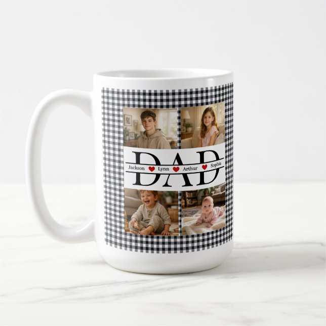 Custom Black Plaid Modern 4 Photo Collage Dad Gift Coffee Mug (Left)
